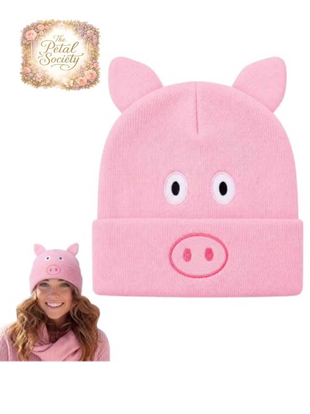 Pig Embroidered Knit Beanie Winter Hat One Size